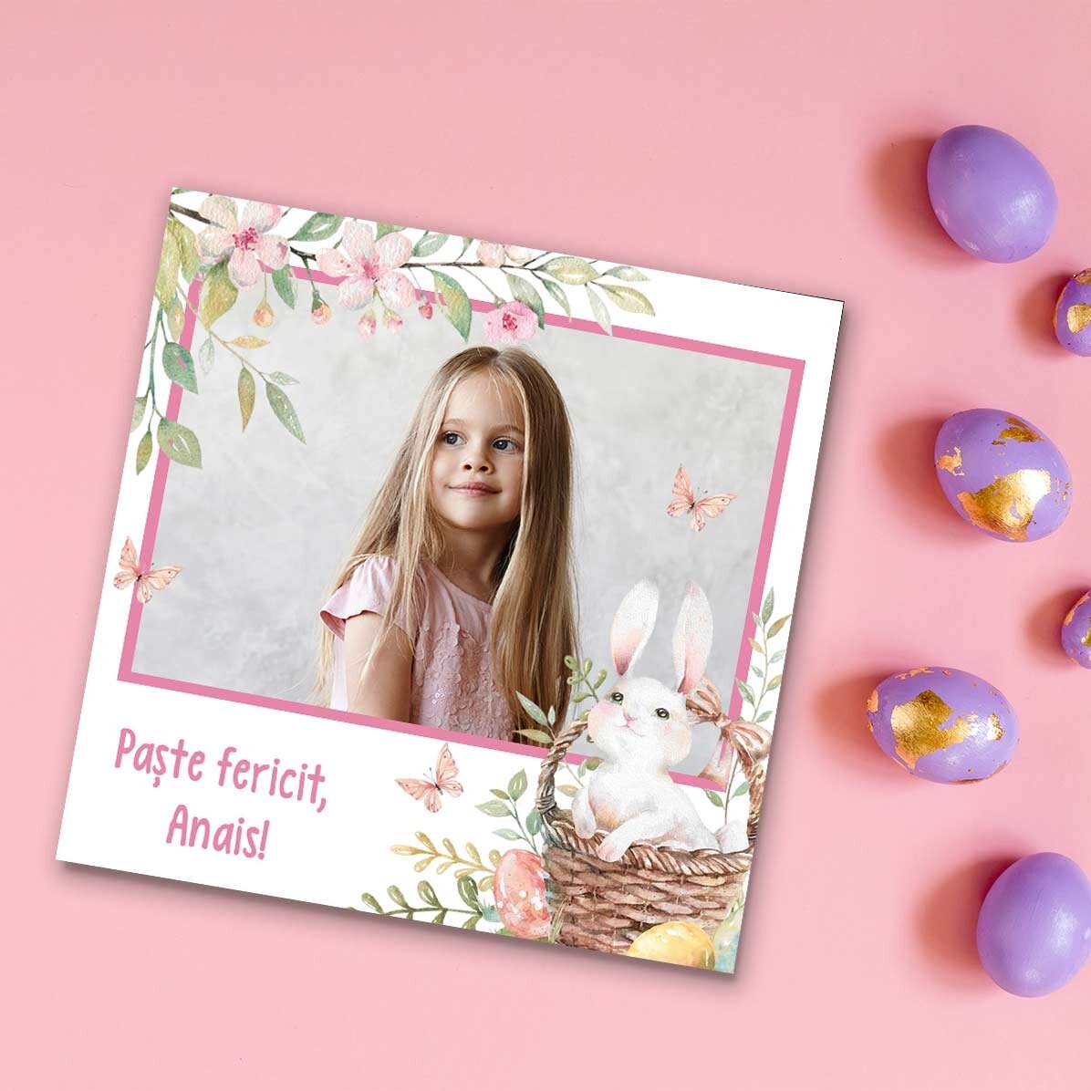 Imán de 10x10 personalizado con una foto y un mensaje: ¡Feliz Pascua!