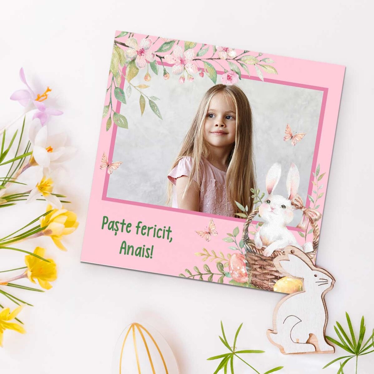 Imán de 10x10 personalizado con una foto y un mensaje: ¡Feliz Pascua!