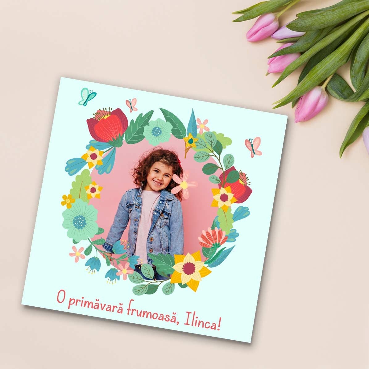 Imán de 10x10 personalizado con una foto y un texto - Flores