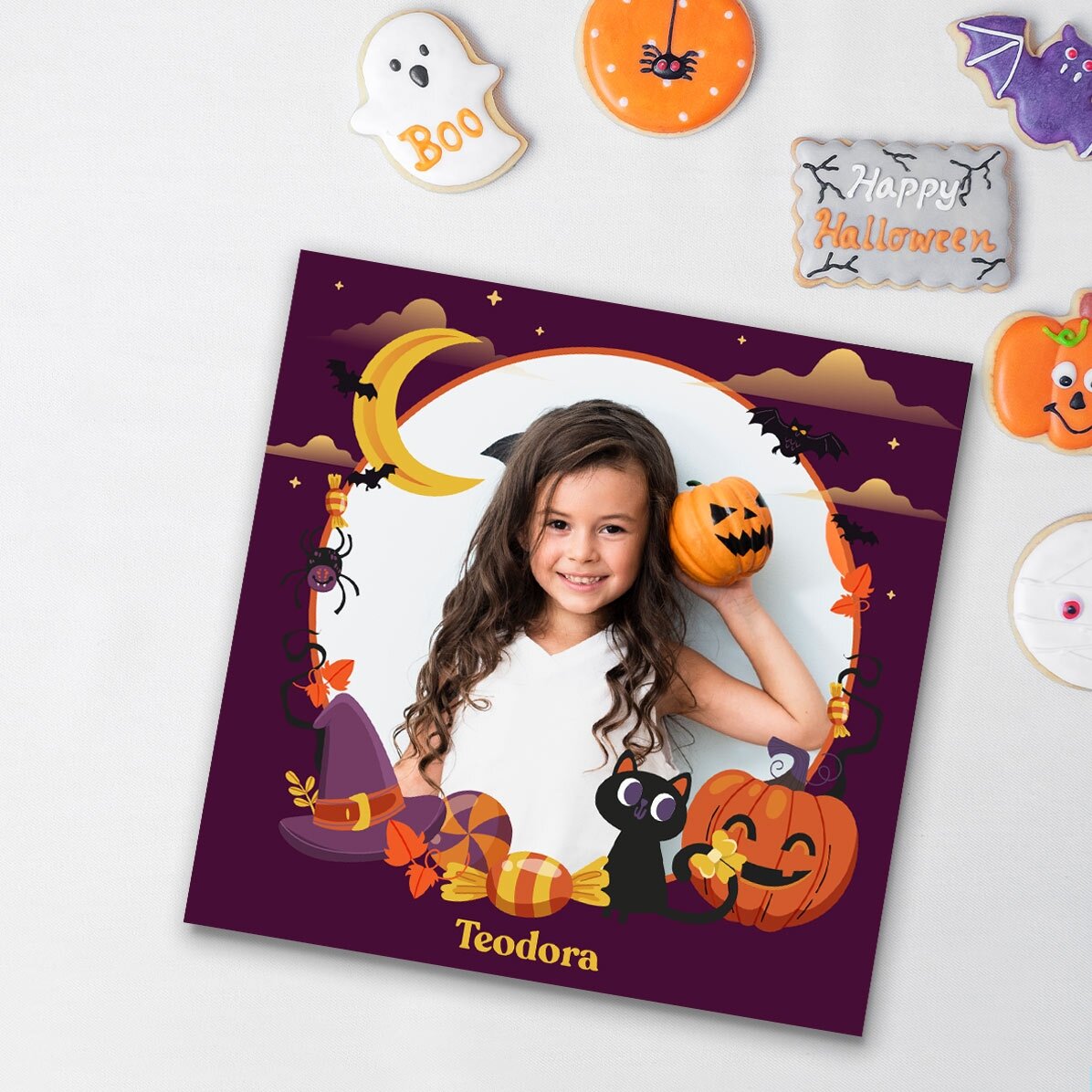 Imán de 10x10 personalizado con una foto y un texto: «Happy Halloween»