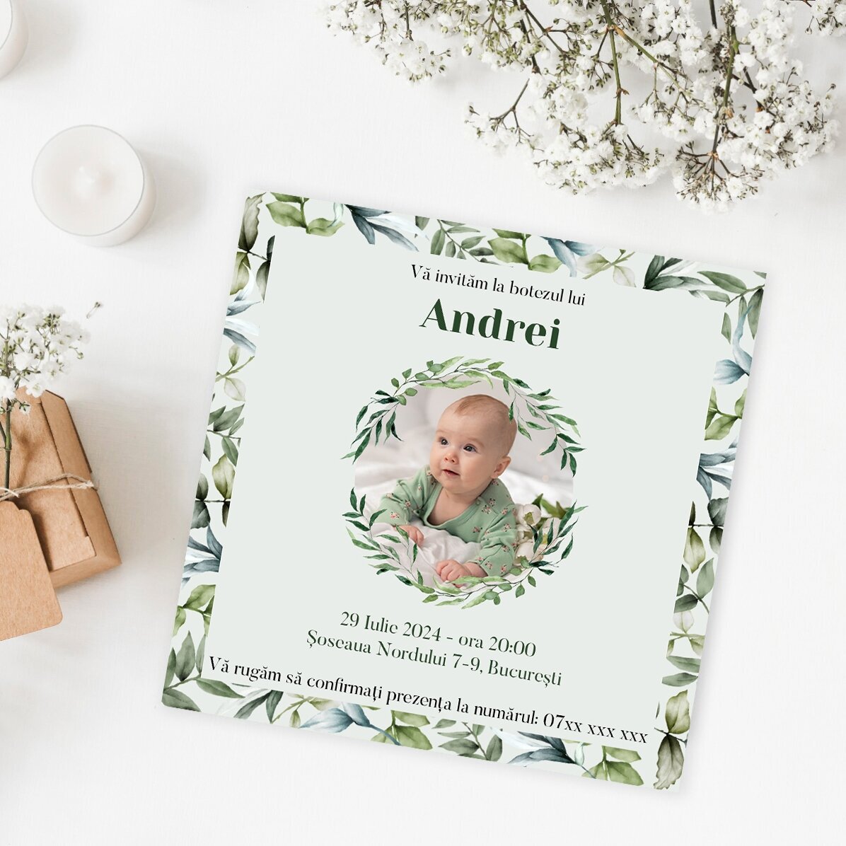 Imán de 10x10 personalizado con una foto y un texto - Invitación de bautizo