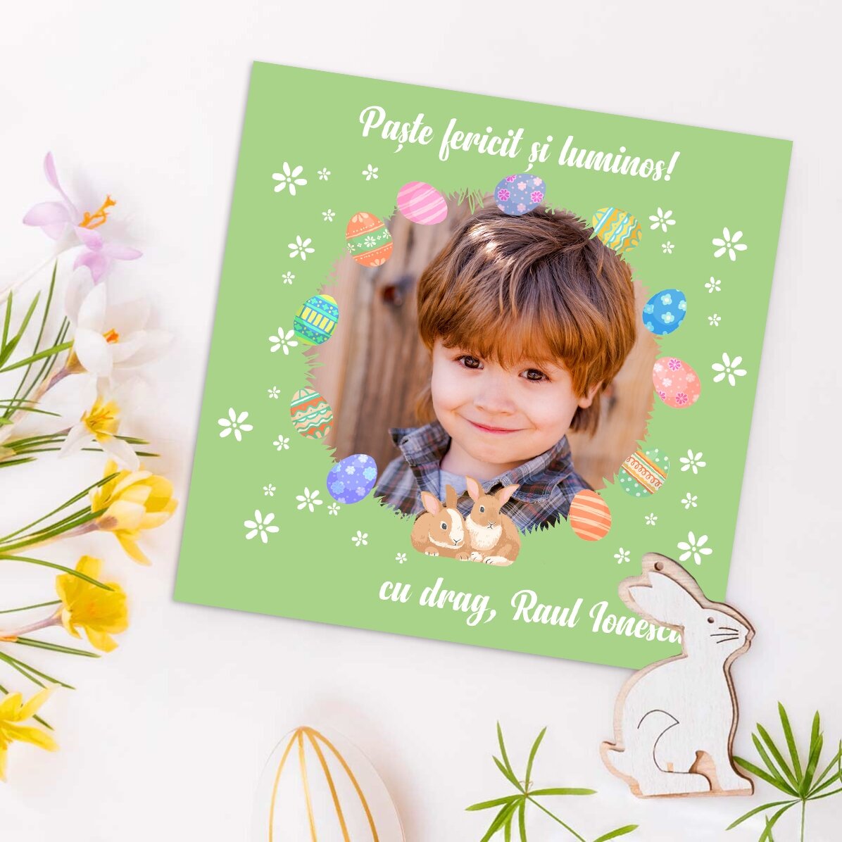 Imán de 10x10 personalizado con una foto y un texto - Pascua