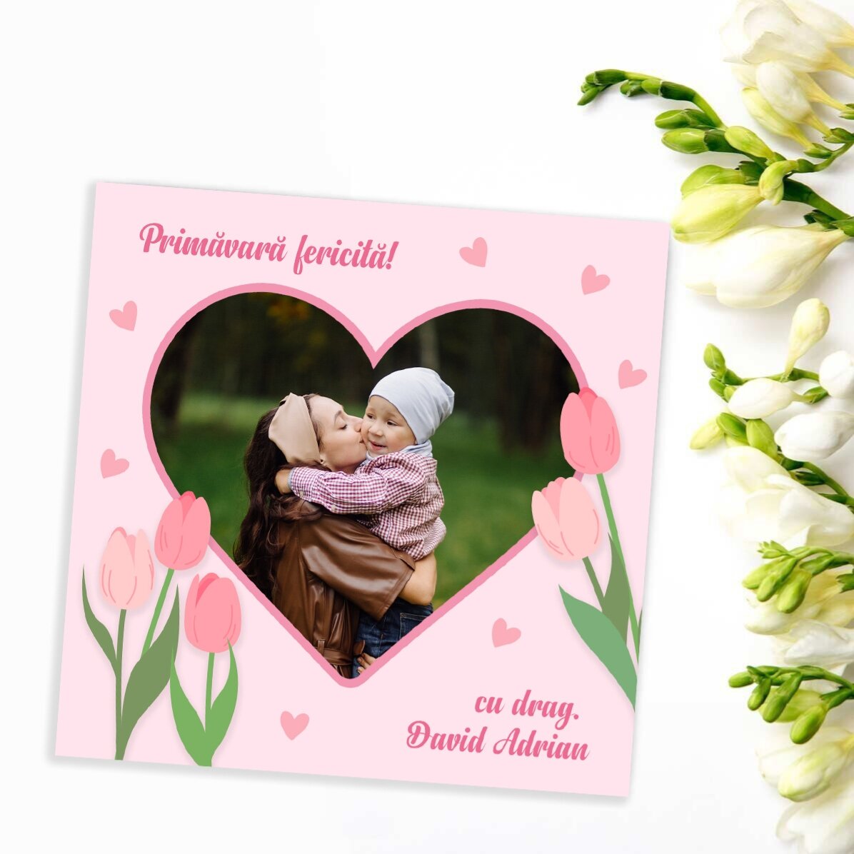 Imán de 10x10 personalizado con una foto y un texto - Feliz primavera
