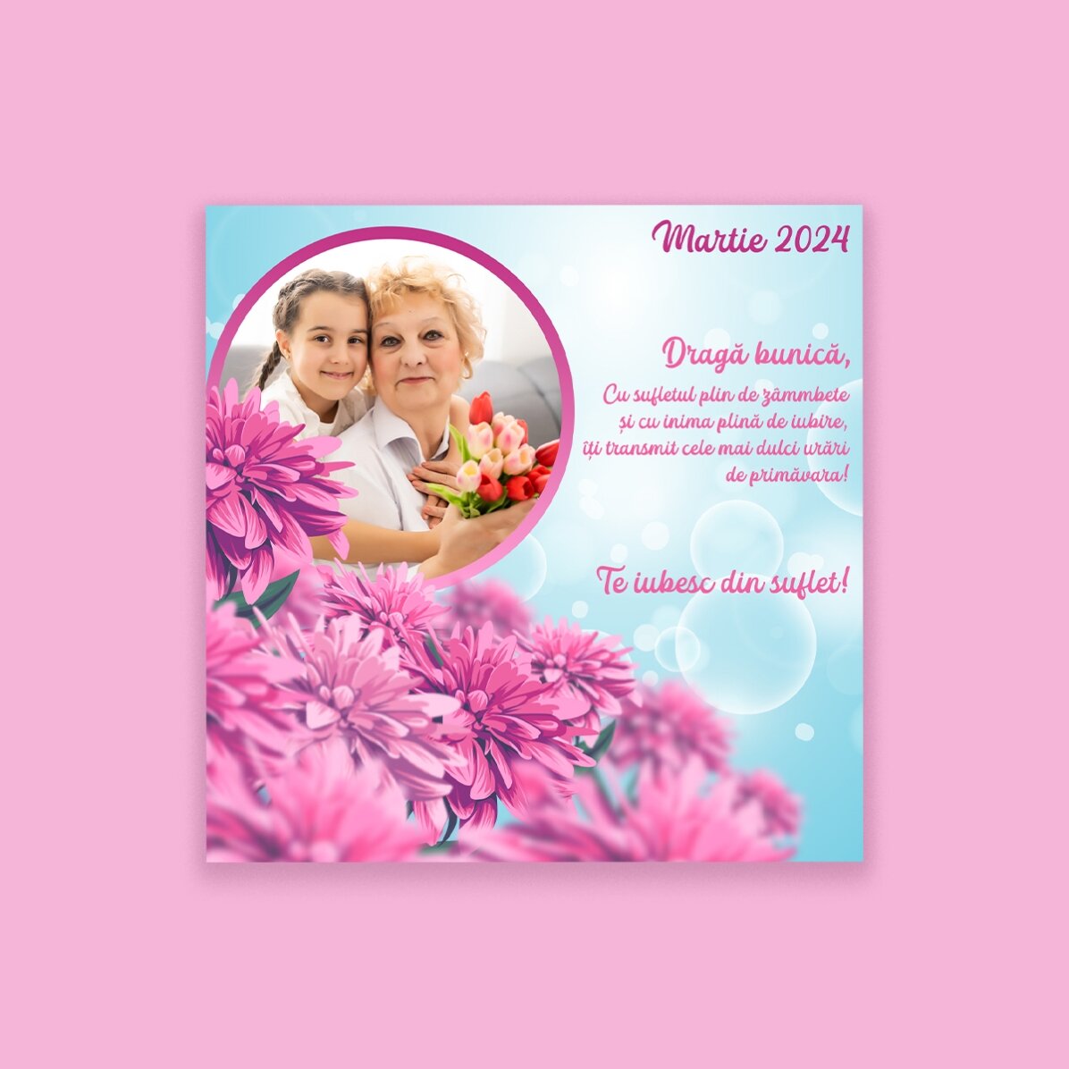Imán personalizado de 10x10 con foto y texto - Primavera rosa