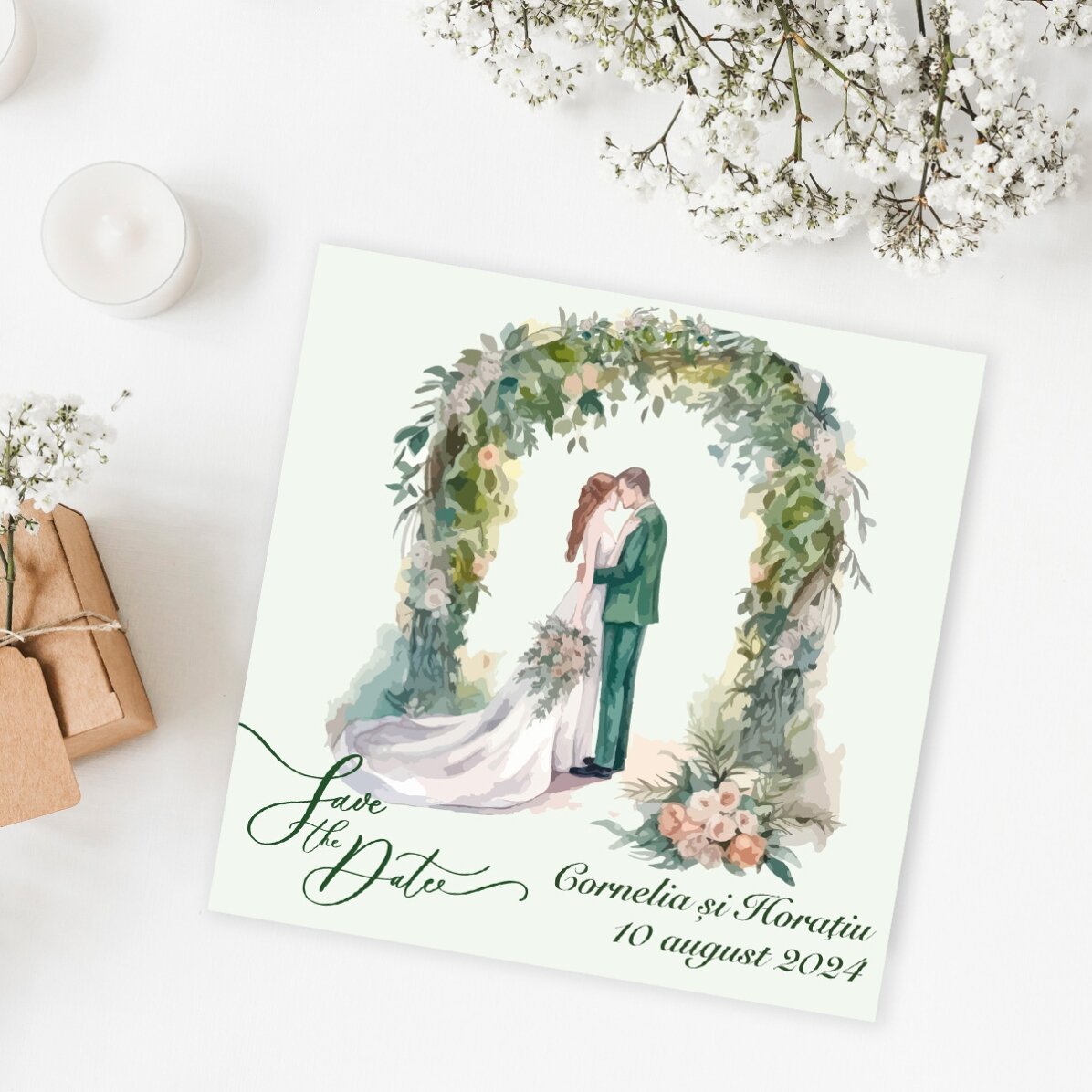 Imán personalizado de 10x10 con texto: «Save the date»