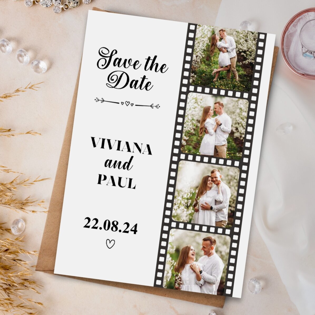 Imán personalizado de 10 x 15 cm con 4 fotos y texto - «Save the date»