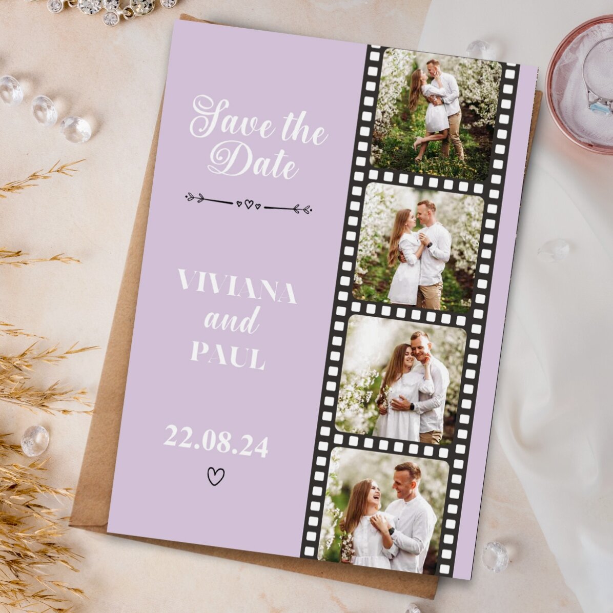 Imán personalizado de 10 x 15 cm con 4 fotos y texto - «Save the date»