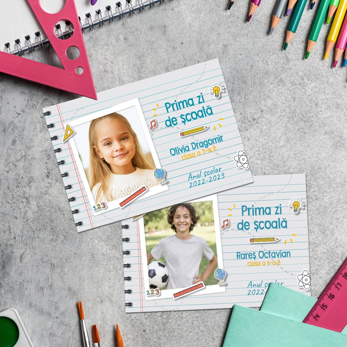 Imán de 10 x 7 cm personalizado con una foto y un texto: «El primer día de colegio»