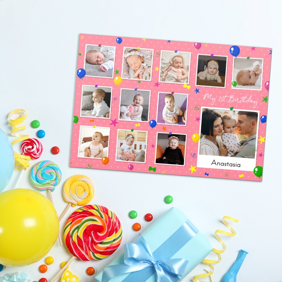 Imán de 18 x 13 cm personalizado con fotos y texto - Mi primer cumpleaños