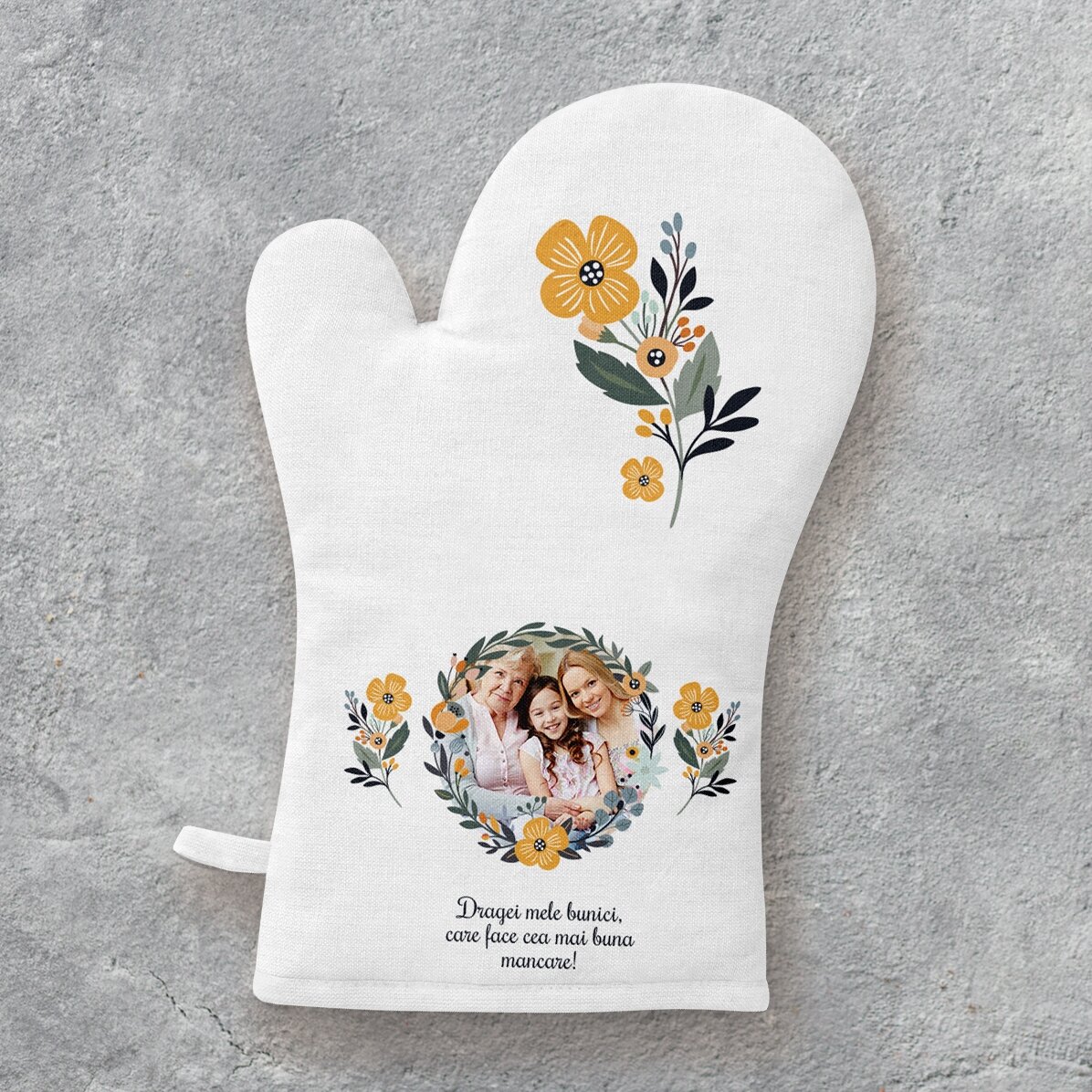 Manopla de cocina personalizada con foto y texto - Modelo de flores