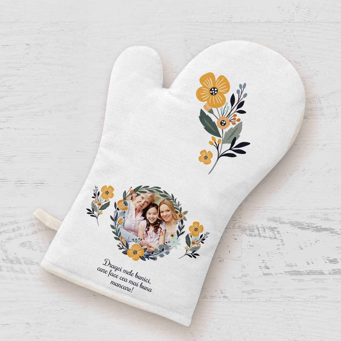 Manopla de cocina personalizada con foto y texto - Modelo de flores