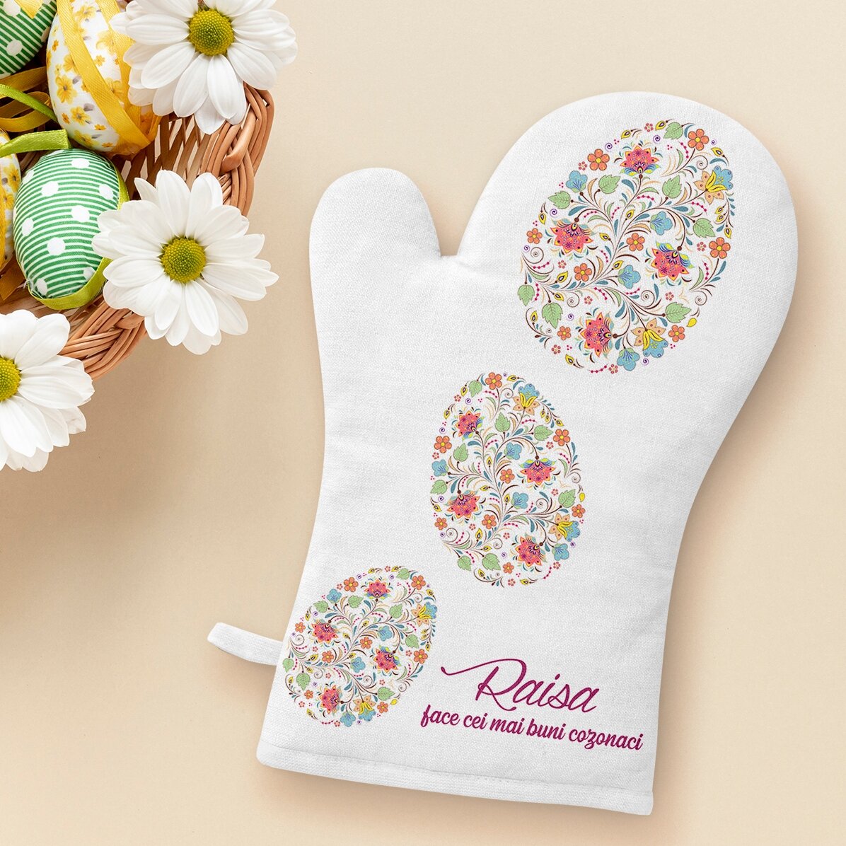 Manopla de cocina personalizada con el texto «Happy Easter»