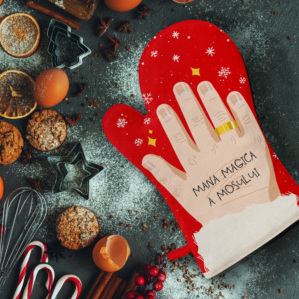 Manopla de cocina personalizada con texto: «La mano mágica de Papá Noel»