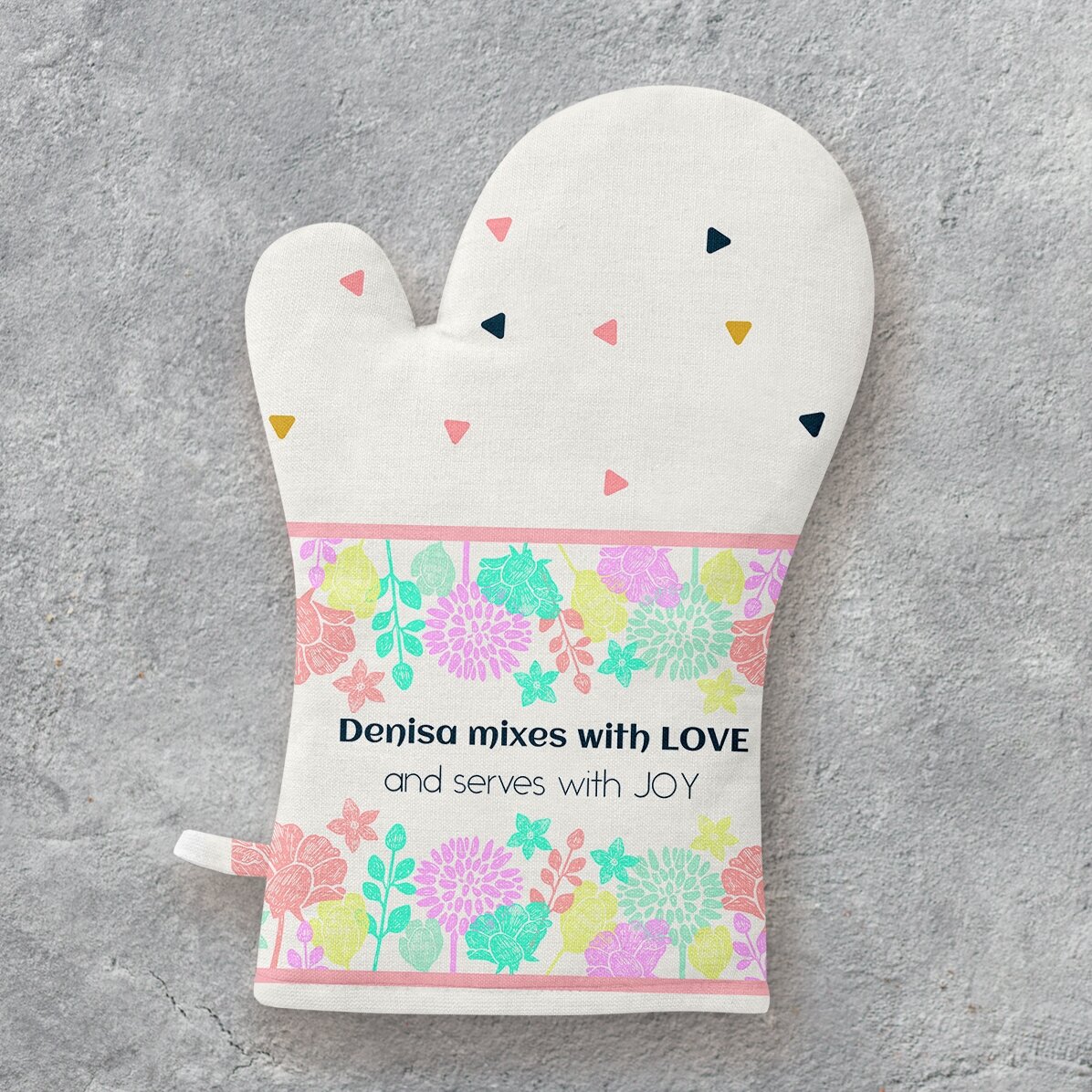Manopla de cocina personalizada con el texto «Mixed with love»