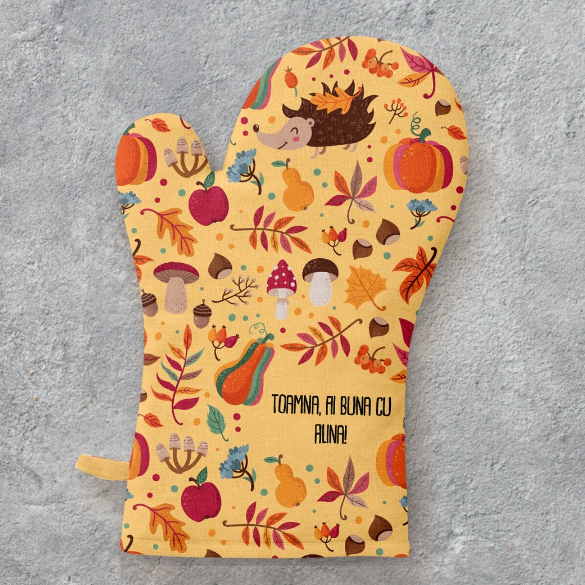 Manopla de cocina personalizada con texto: «Buen otoño»