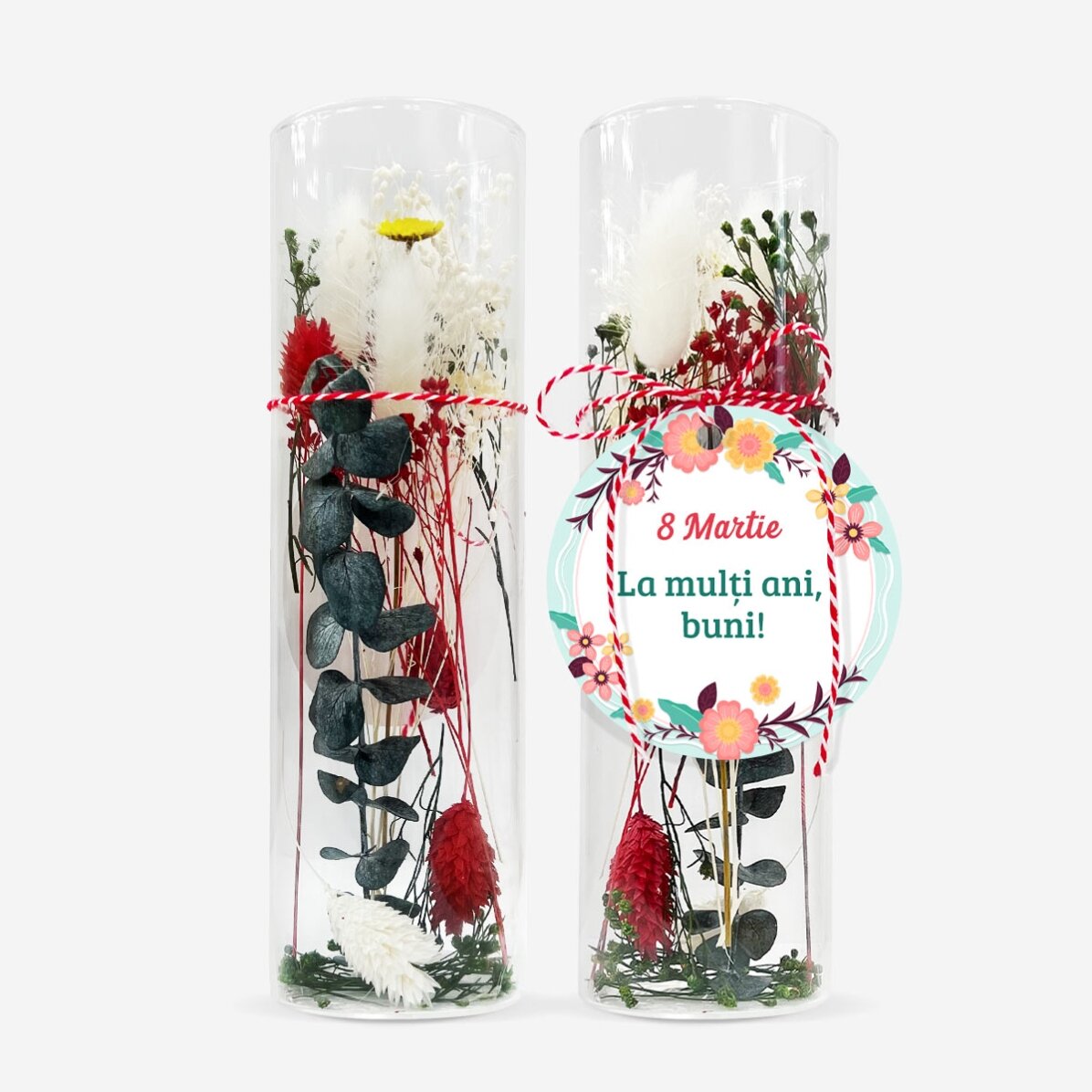 Adorno de martisor de cristal con flores preservadas, personalizado con un mensaje