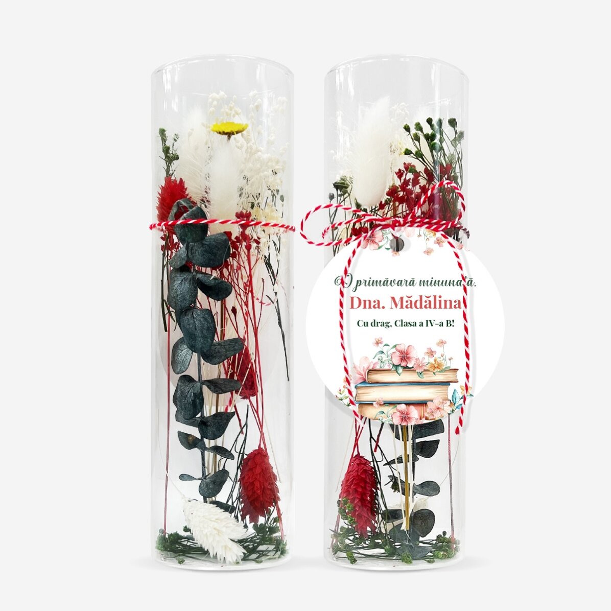Adorno de martisor de cristal con flores preservadas, personalizado con un mensaje para la profesora