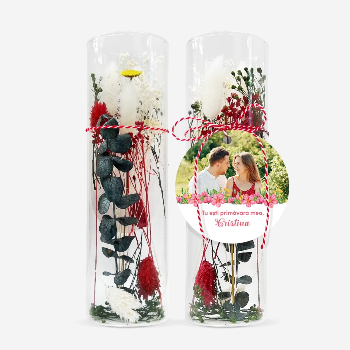 Adorno de martisor de cristal con flores preservadas, personalizado con un mensaje y una foto - Mi p