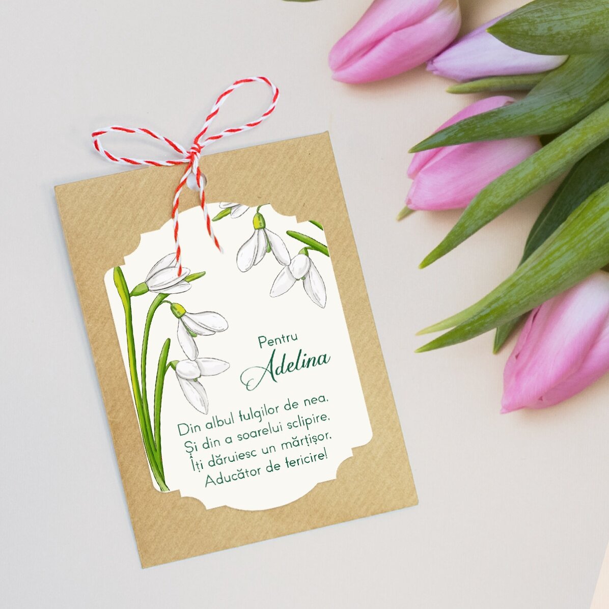 Personalised plantable Martisor with message for colleagues - Snowdrops