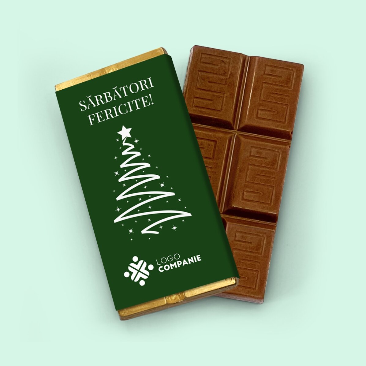 Mini tableta de chocolate personalizada con logotipo y mensaje: «Felices fiestas»