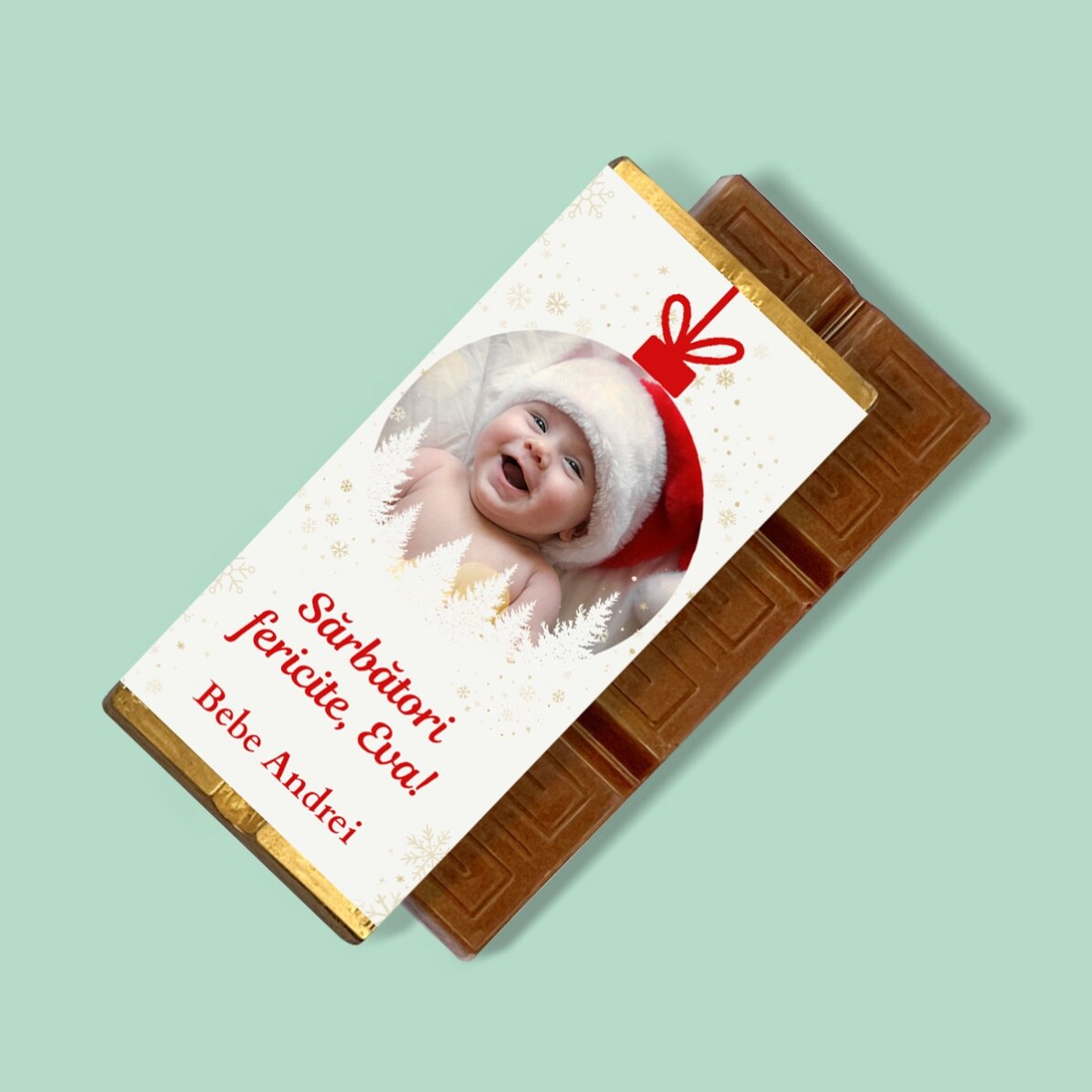 Mini tableta de chocolate personalizada con una foto y un mensaje - Bola de Navidad
