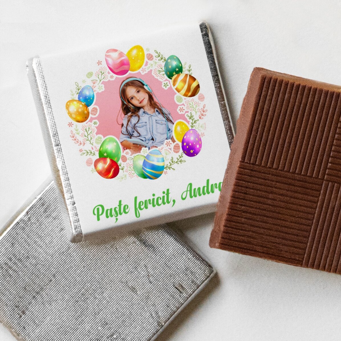 Mini tableta de chocolate personalizada con una foto y un texto - ¡Feliz Pascua!