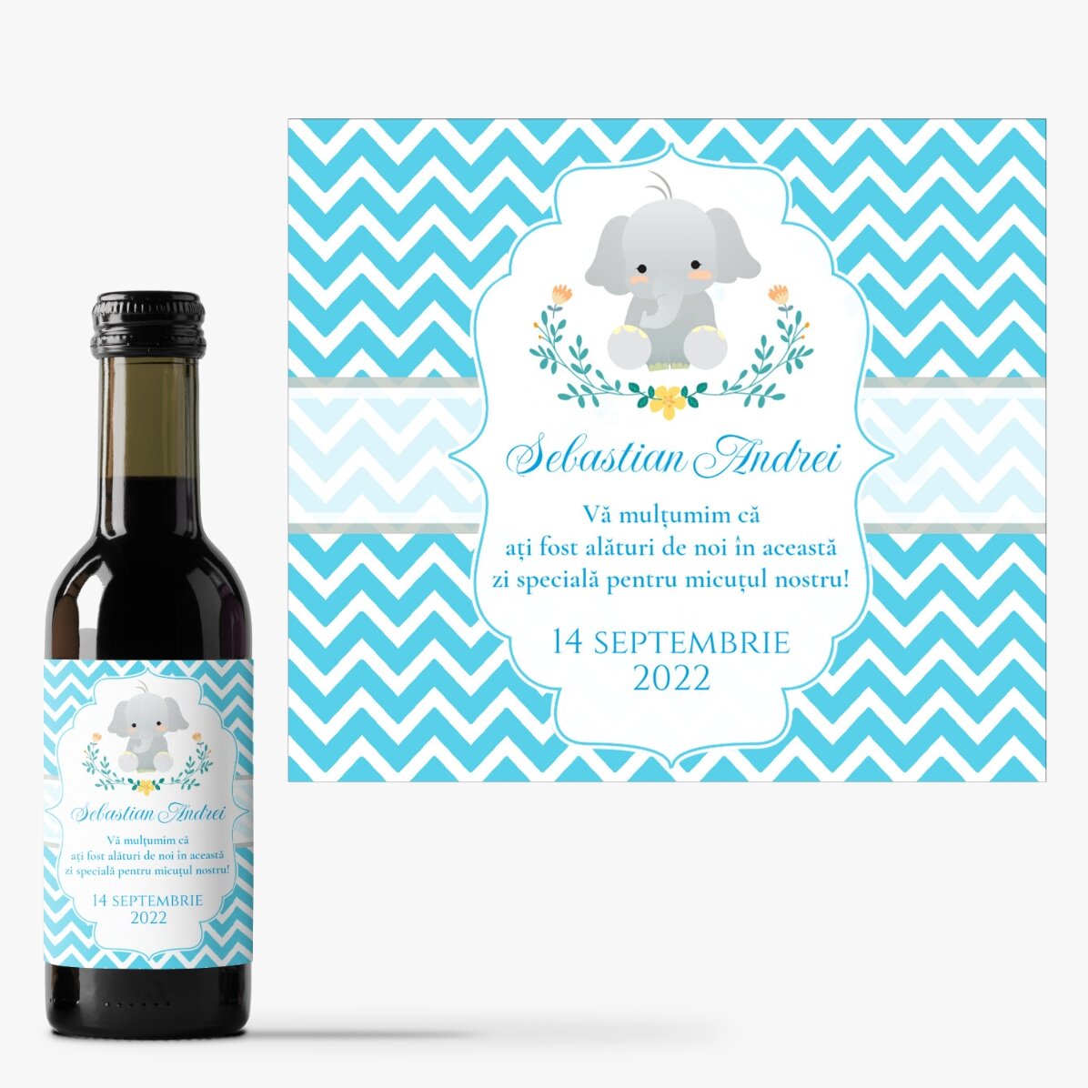 Mini botella de vino personalizada para regalo de bautizo con texto - Elefante