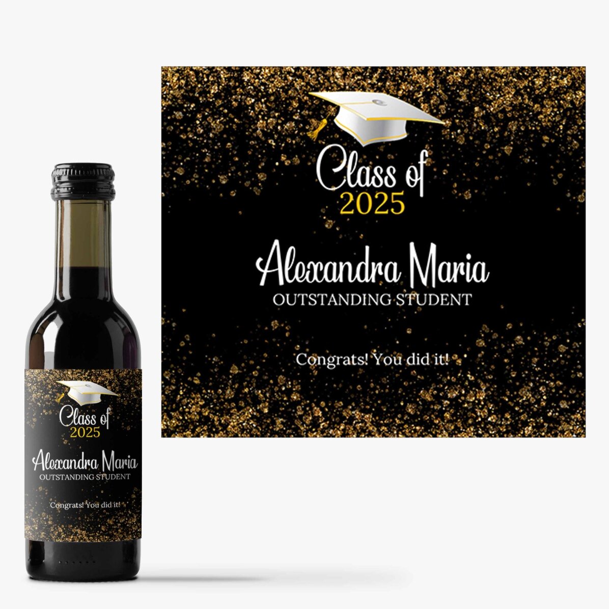 Mini botella de vino para la graduación, personalizada con el texto «Outstanding student»