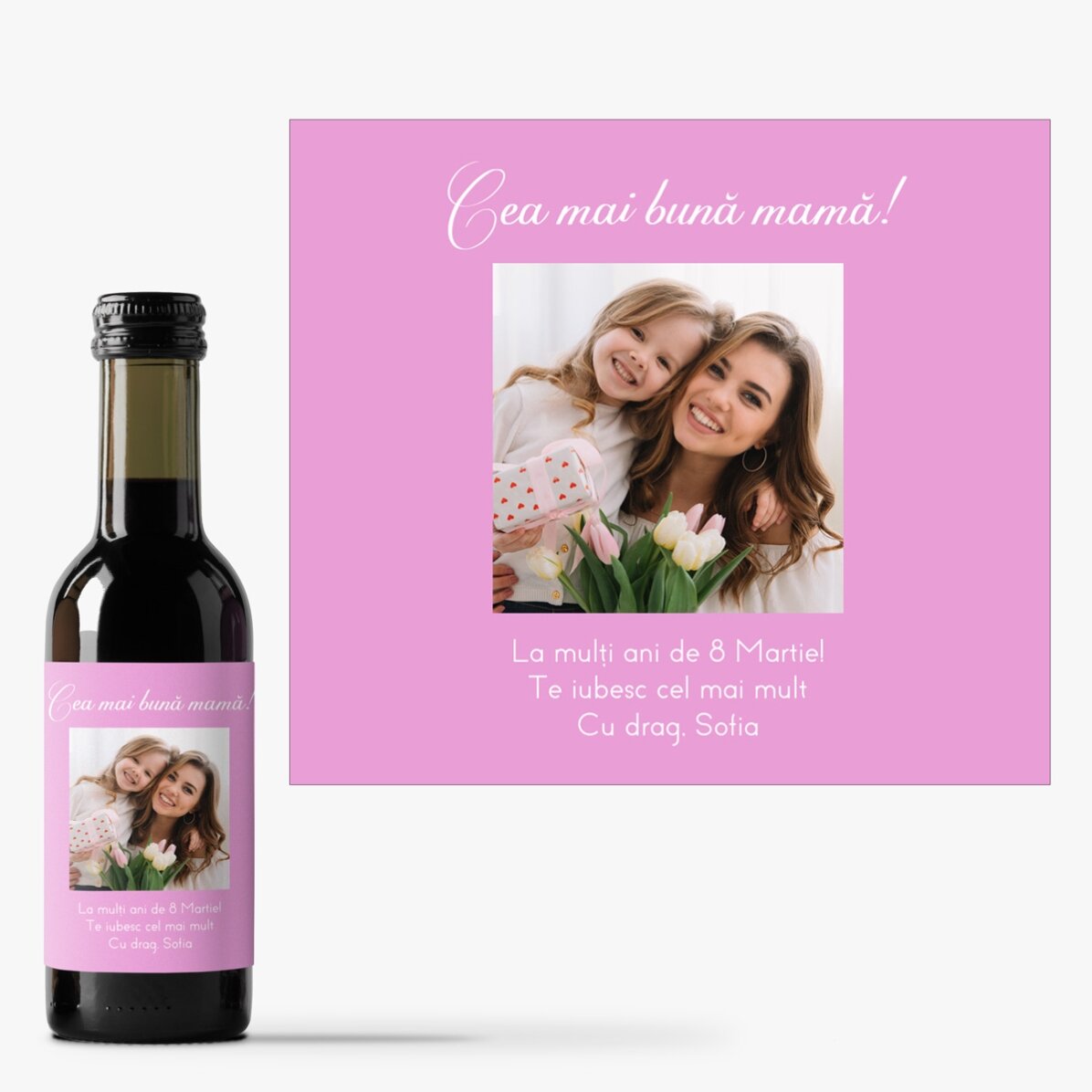 Mini botella de vino personalizada con una foto y un mensaje para tus seres queridos