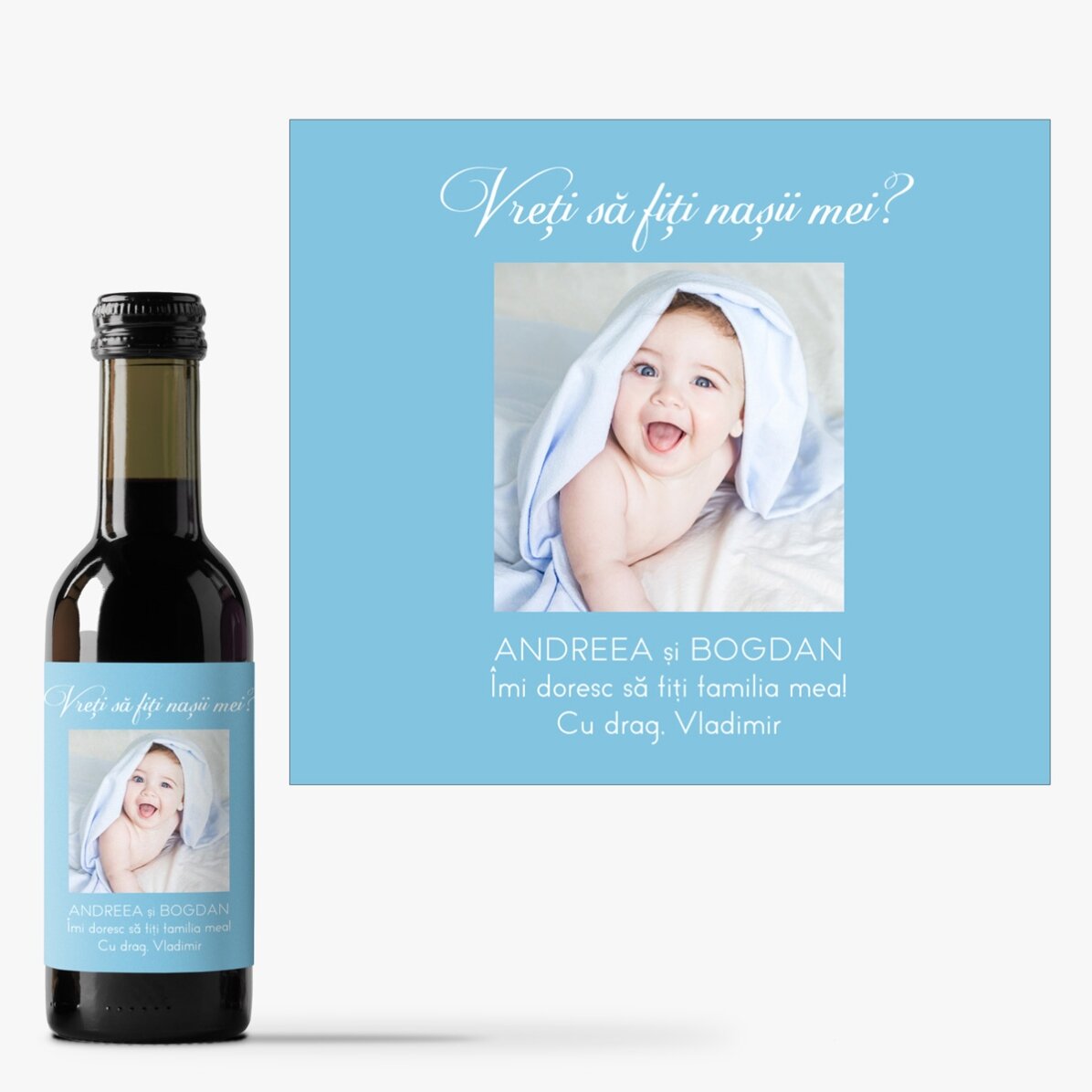 Mini botella de vino personalizada con una foto y un mensaje para tus seres queridos