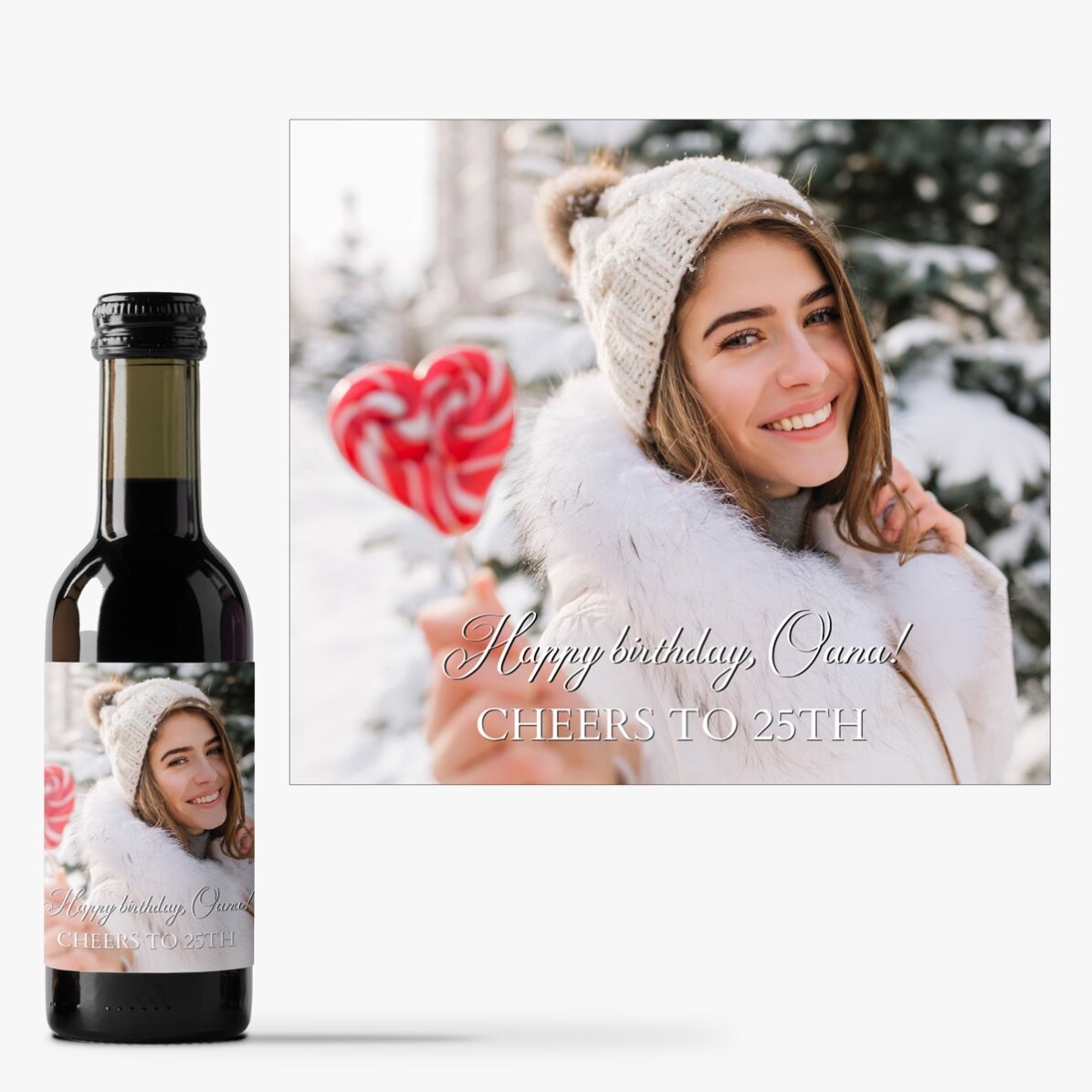 Mini botella de vino personalizada con una foto y un texto