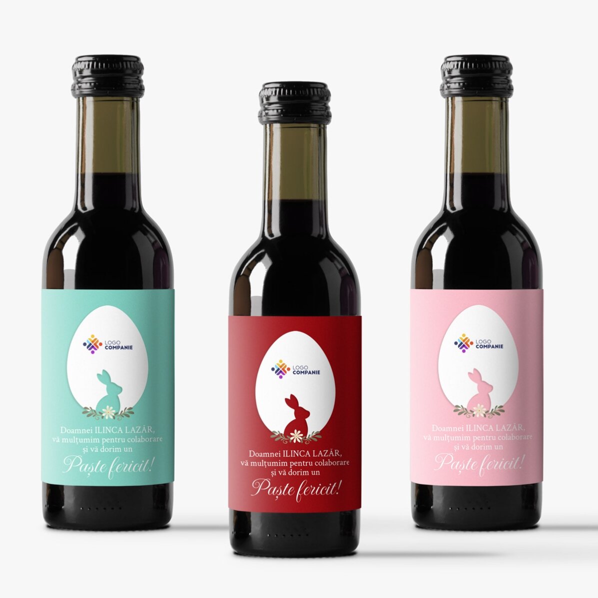 Mini botella de vino personalizada con texto y logotipo - Feliz Pascua
