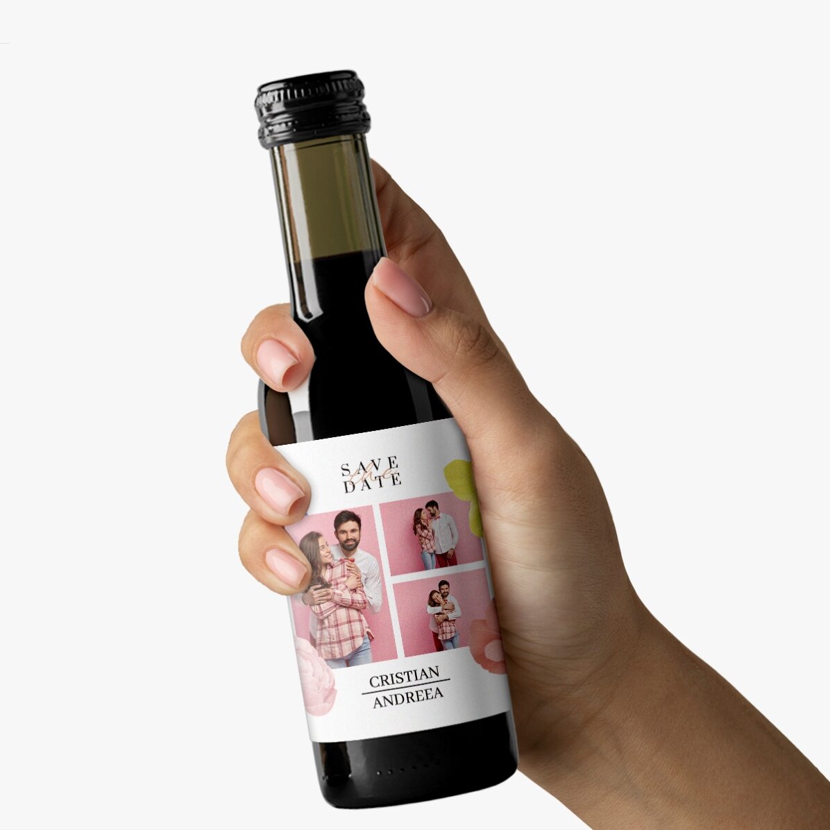 Mini botella de vino personalizada con 3 fotos y texto - «Save the date»