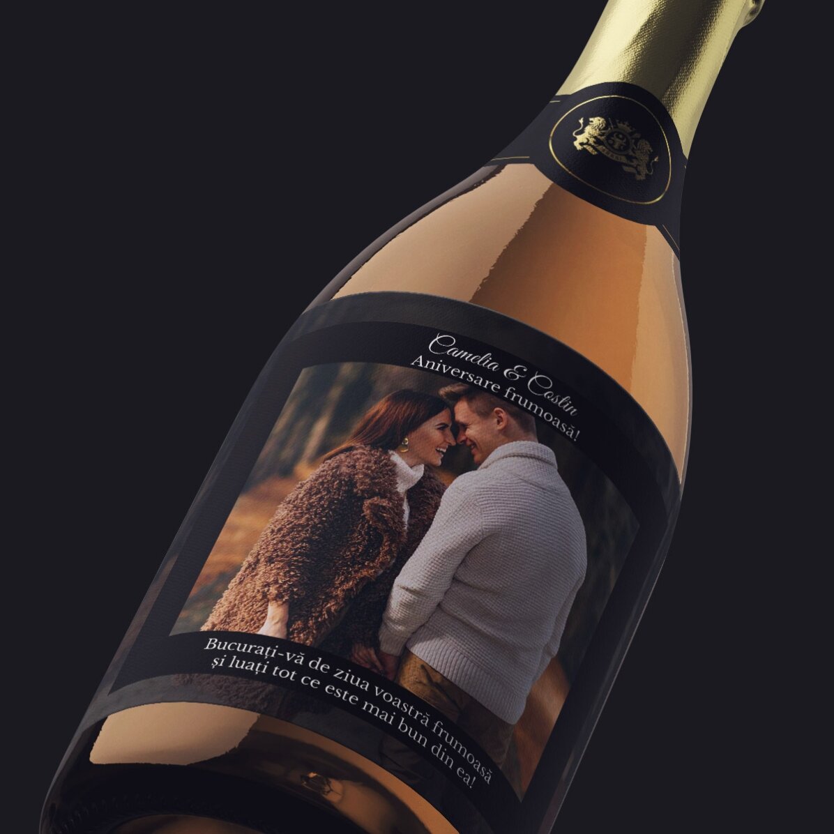 Mini botella de vino espumoso personalizada con texto y foto para cumpleaños