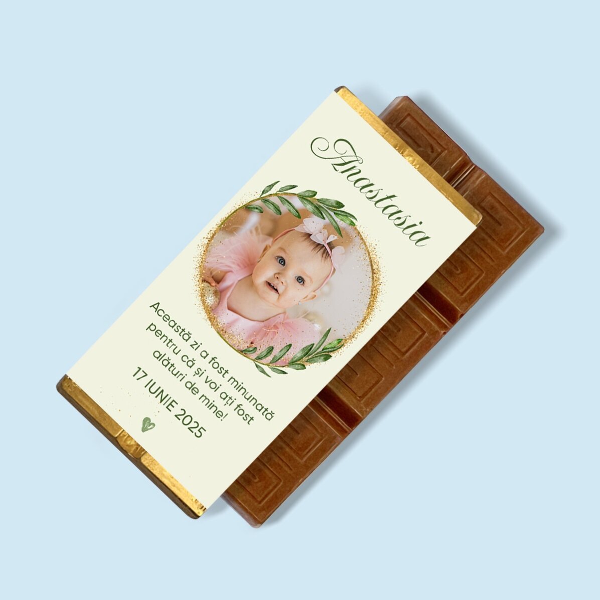 Mini tableta de chocolate personalizada con foto y mensaje para un bautizo