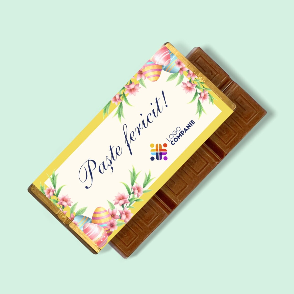 Mini tableta de chocolate personalizada con logotipo y mensaje - ¡Feliz Pascua!