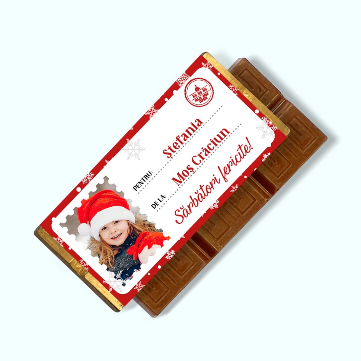 Mini tableta de chocolate personalizada con una foto y un mensaje: «Con cariño, Papá Noel»