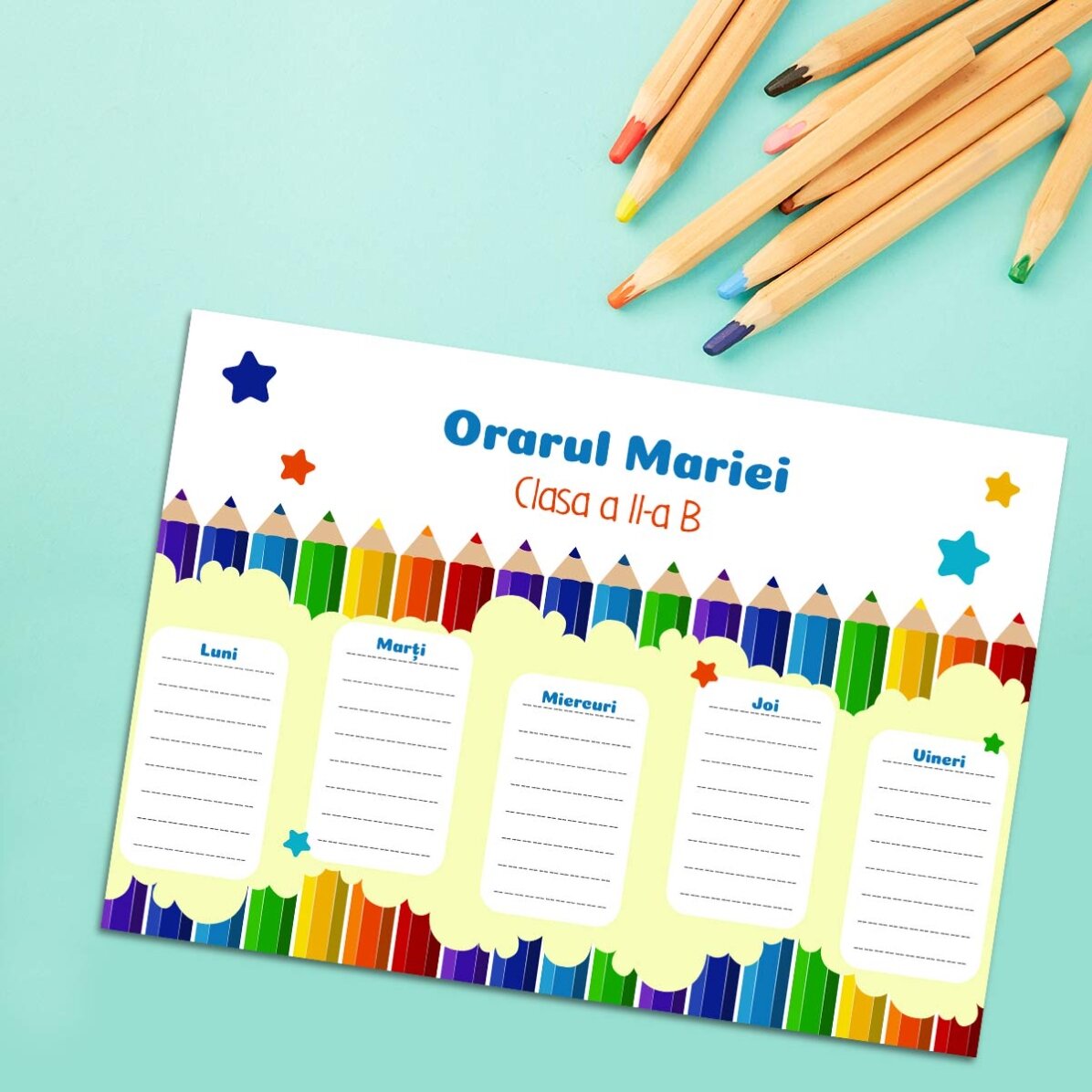 Personalised timetable with text - Coloured pencils