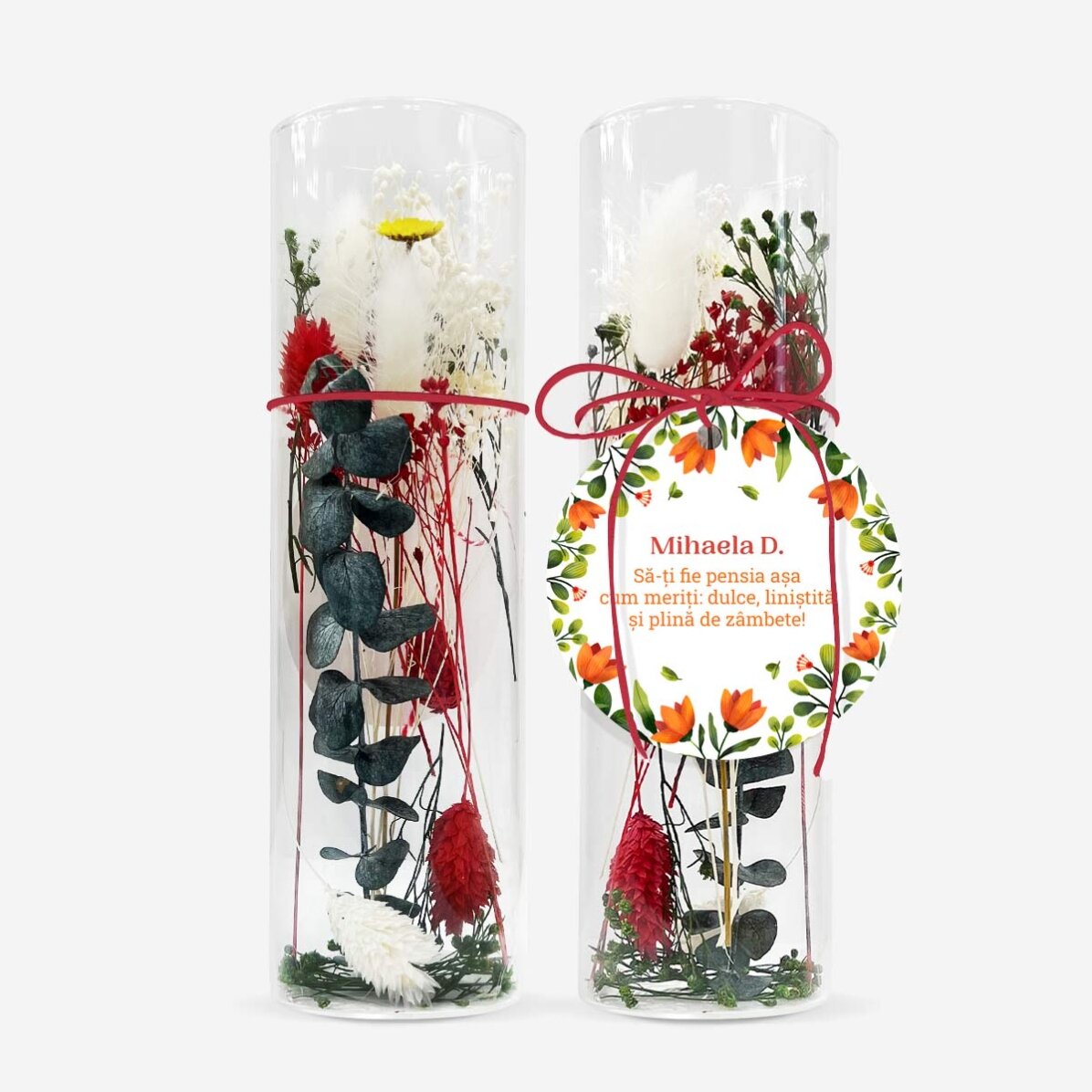 Adorno de cristal con flores preservadas, personalizado con un mensaje - Jubilación