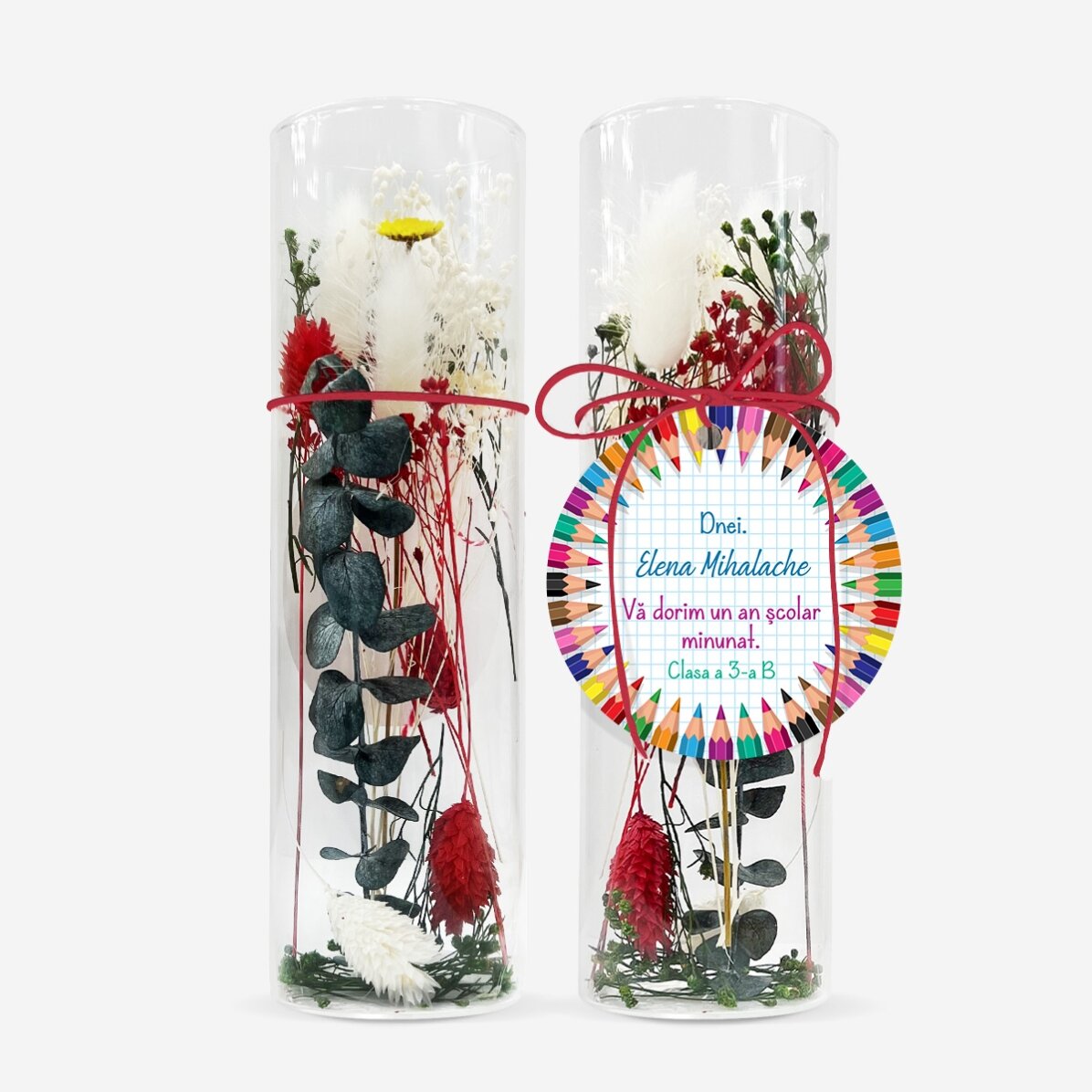 Adorno de cristal con flores preservadas, personalizado con un mensaje para las profesoras - Vuelta 