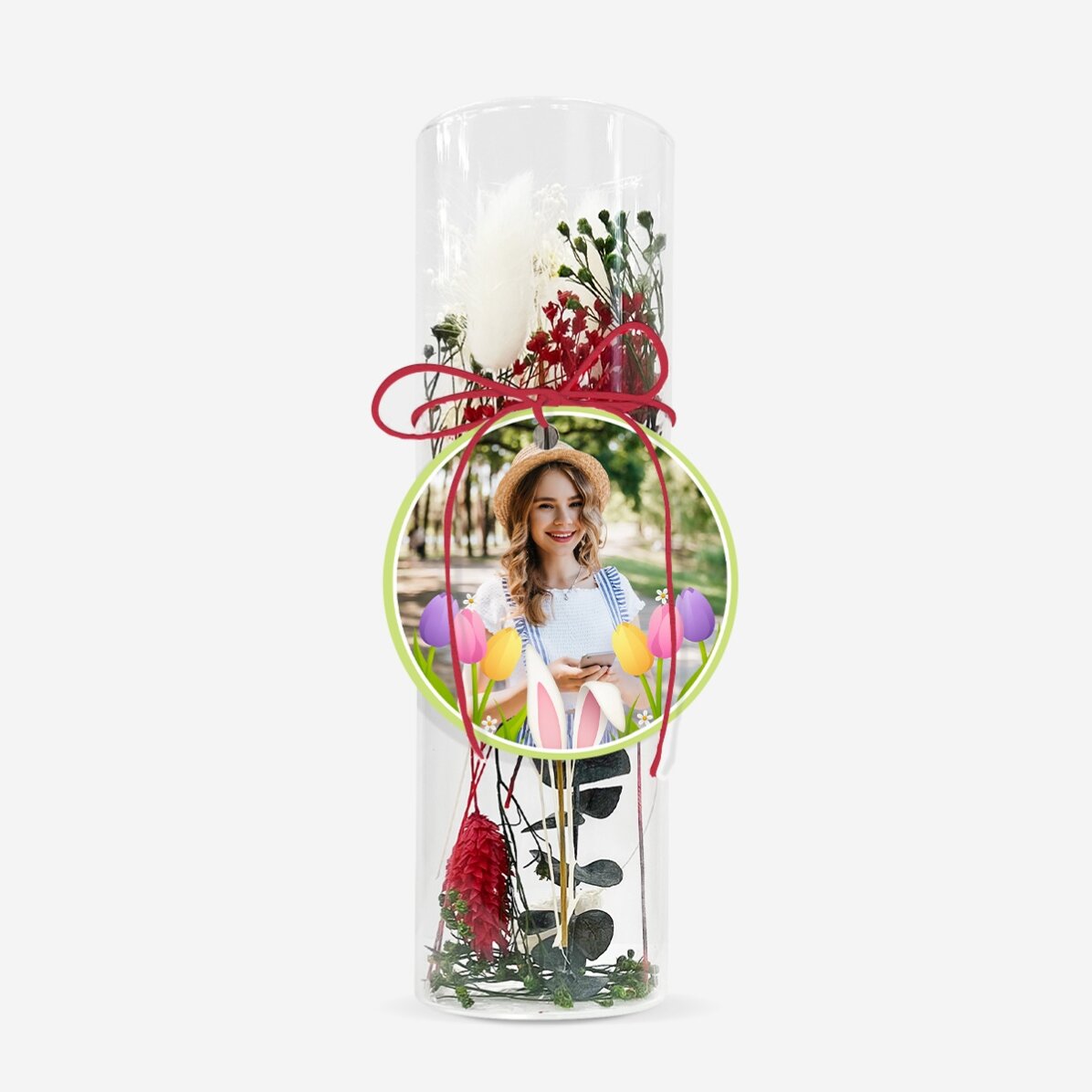 Adorno de cristal con flores preservadas, personalizado con una foto - Pascua