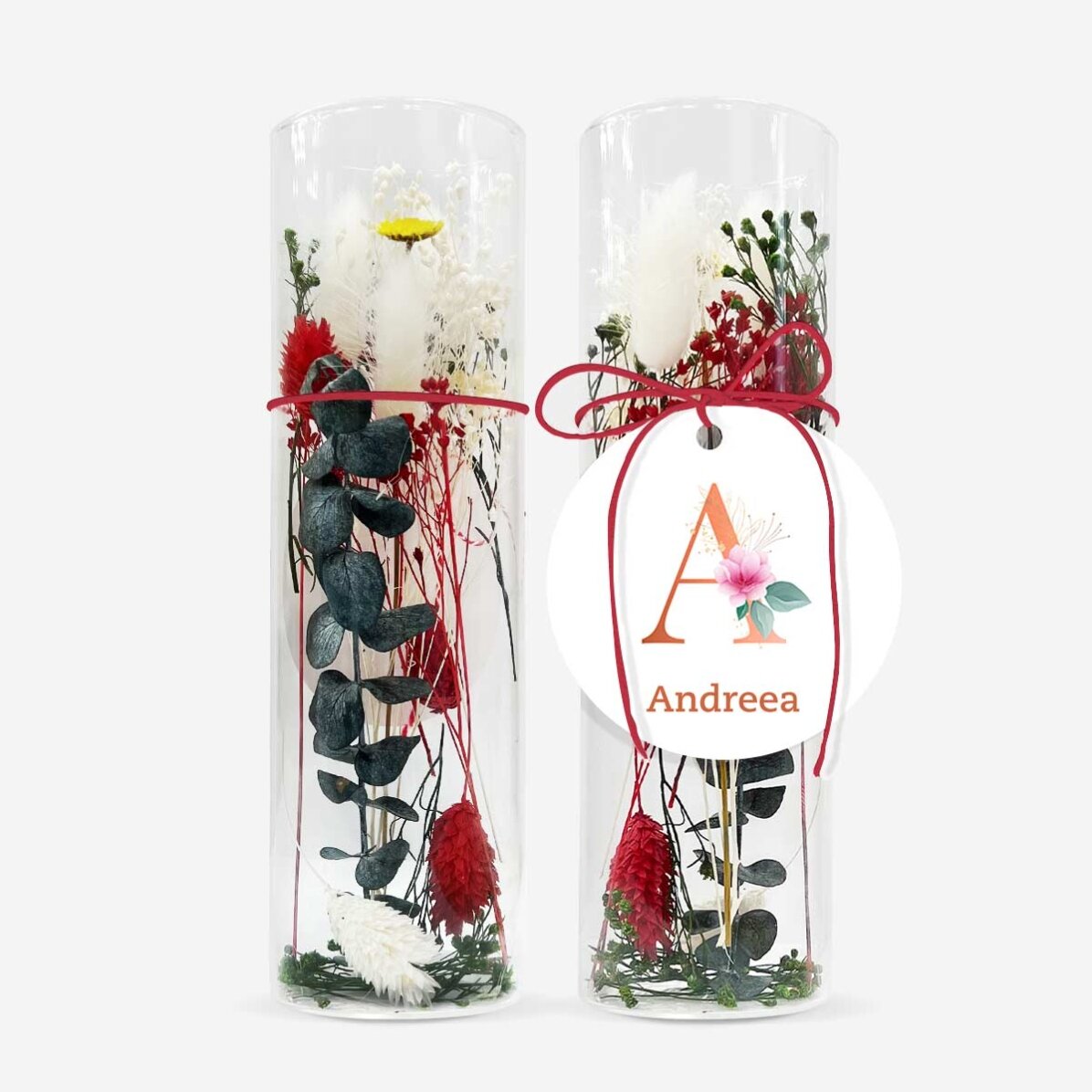 Adorno de cristal con flores preservadas personalizado con texto - Floral