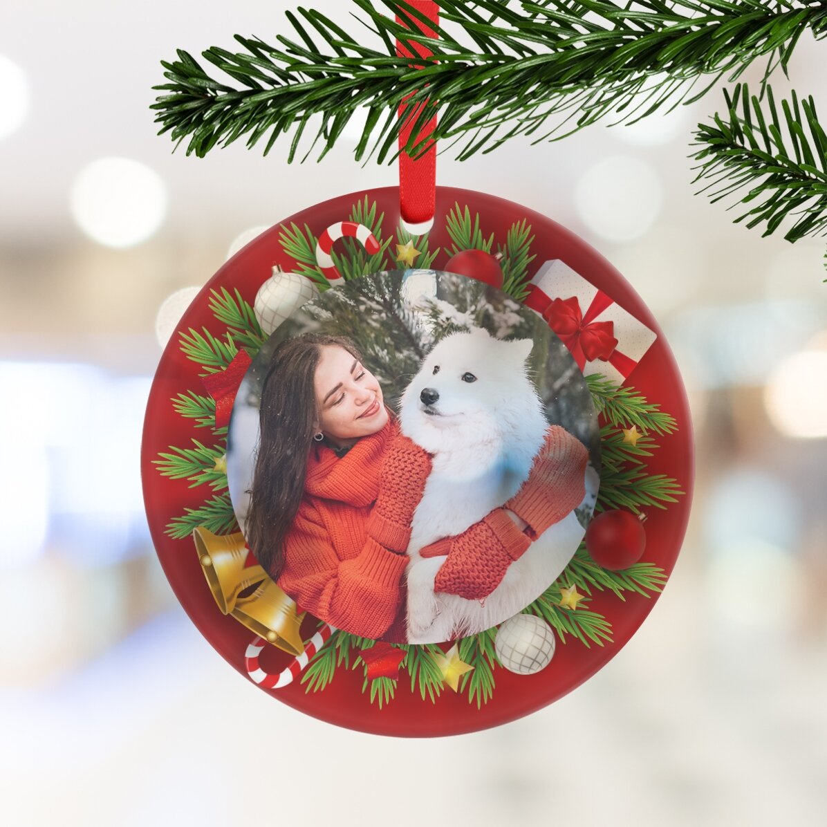 Personalised round ornament with a photo - Christmas