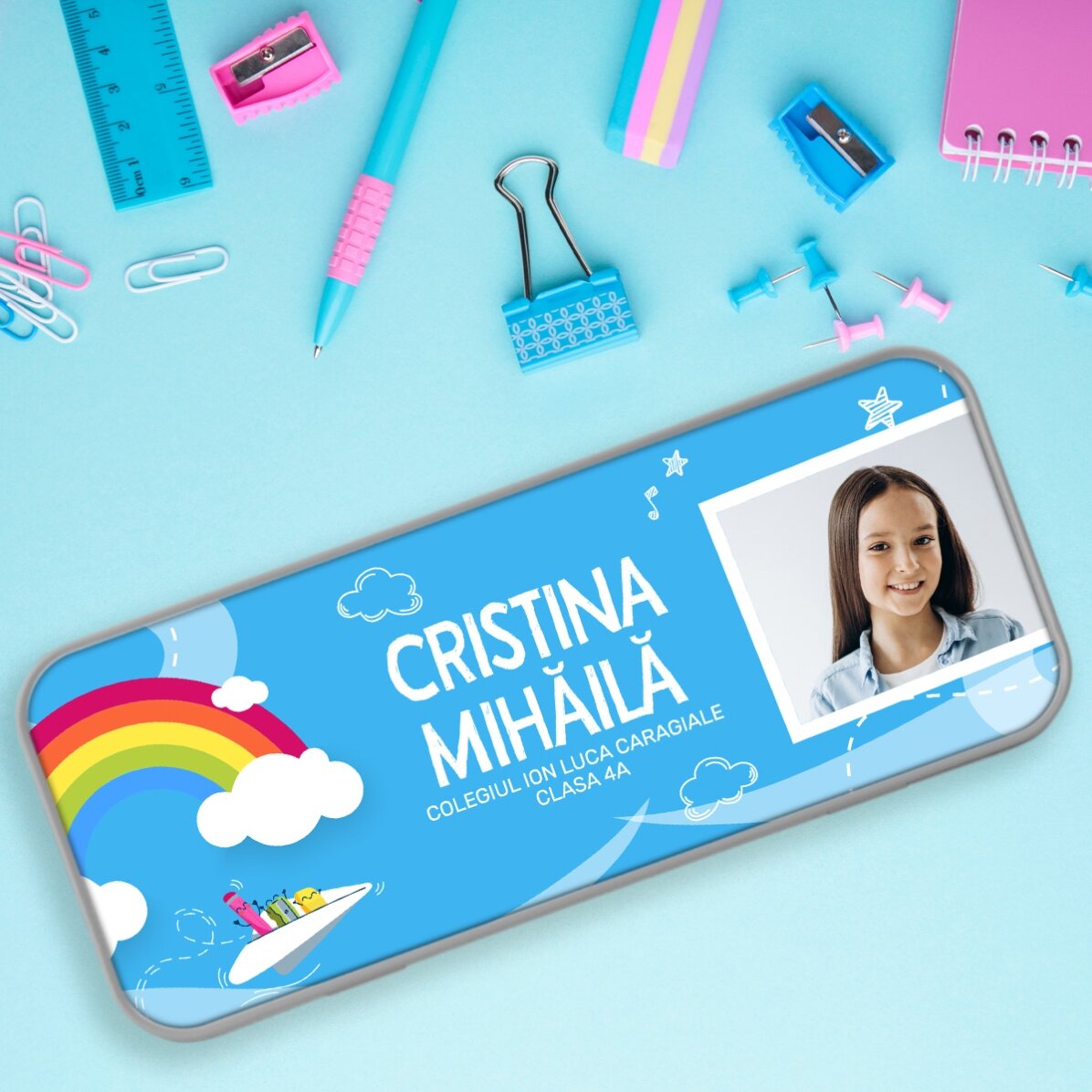 Estuche personalizado con una foto y un texto - Modelo arcoíris