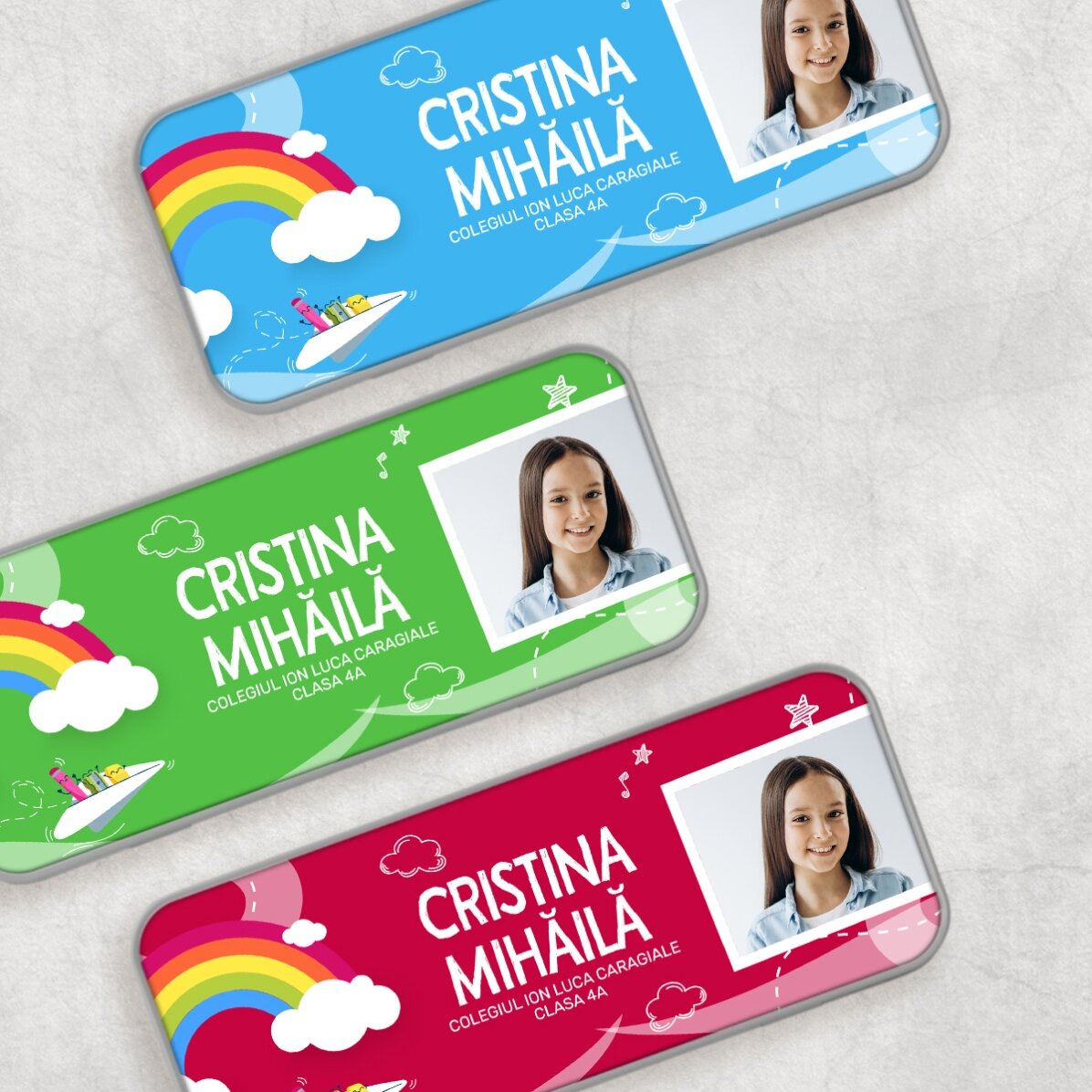 Estuche personalizado con una foto y un texto - Modelo arcoíris
