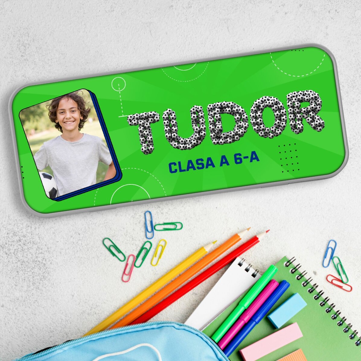 Personalised pencil case with a photo and text - Football