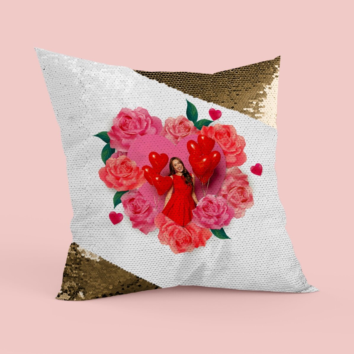 Cojín con lentejuelas personalizado con una foto y rosas
