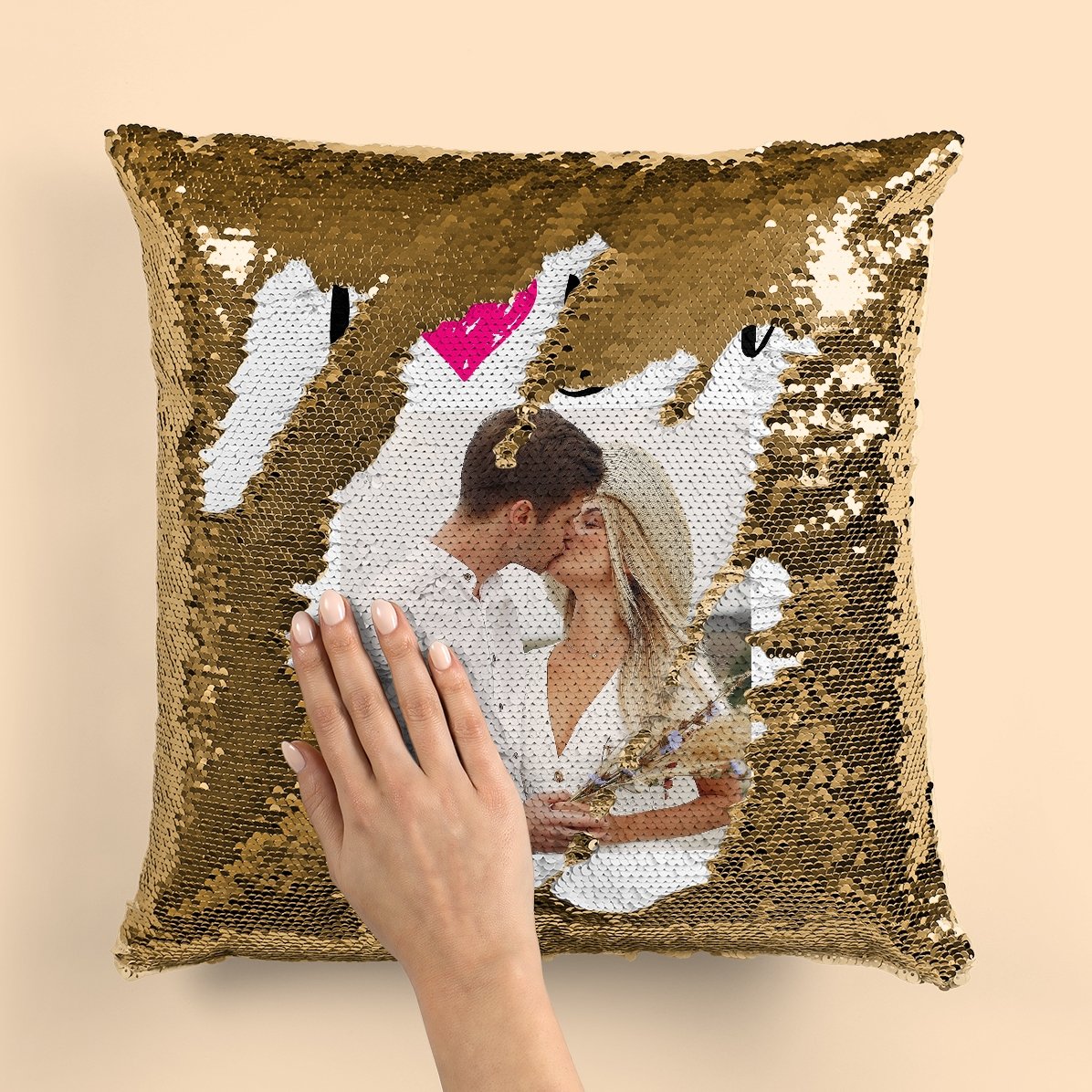 Cojín con lentejuelas personalizado con foto - «I love you»