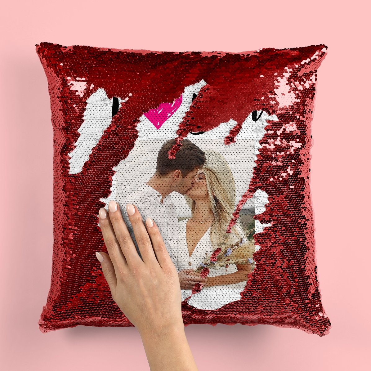 Cojín con lentejuelas personalizado con foto - «I love you»