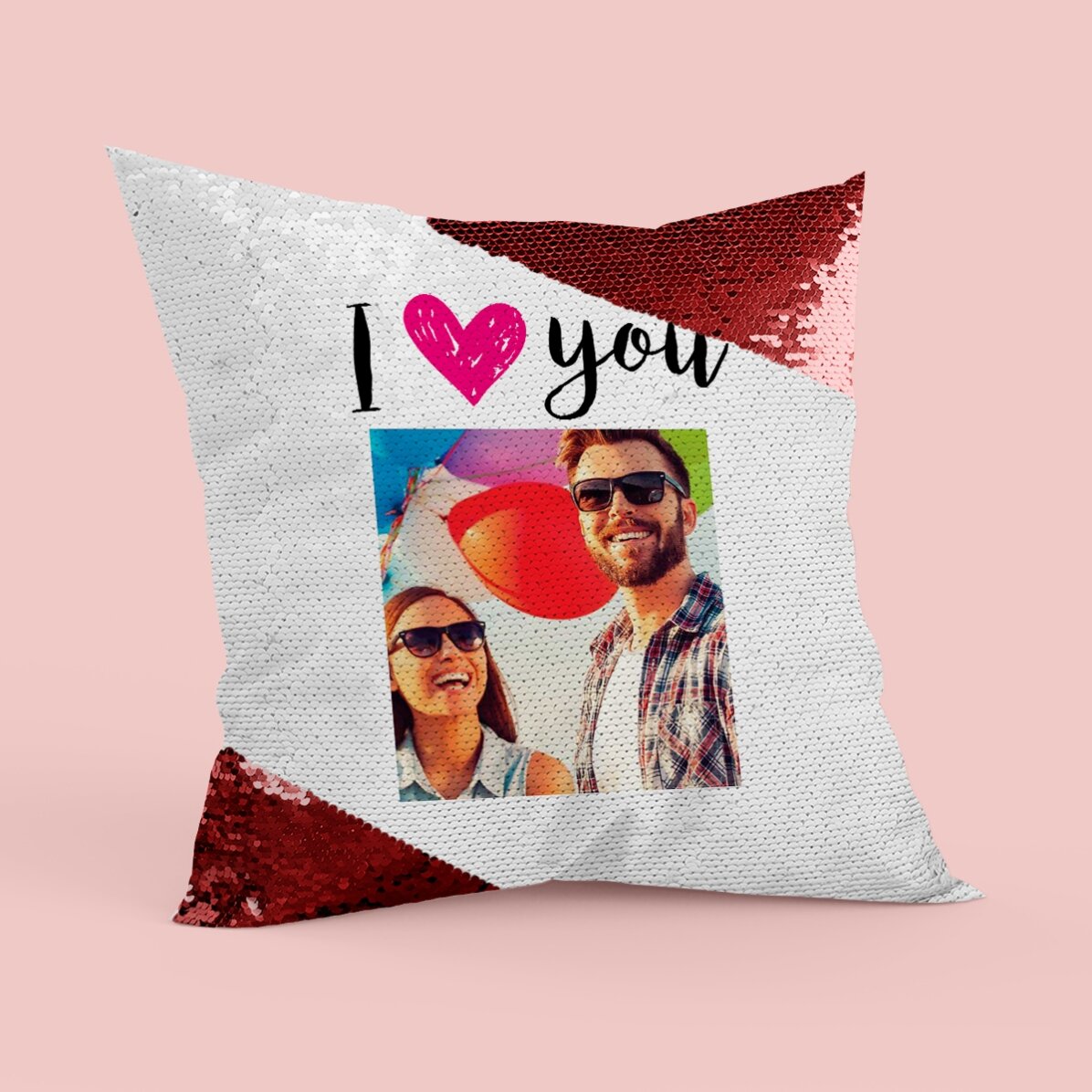 Cojín con lentejuelas personalizado con foto - «I love you»